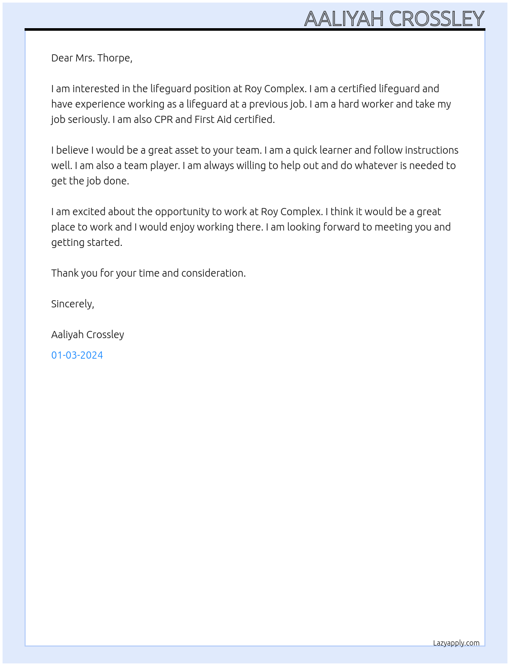 lifegaurd At Roy Complex Cover Letter