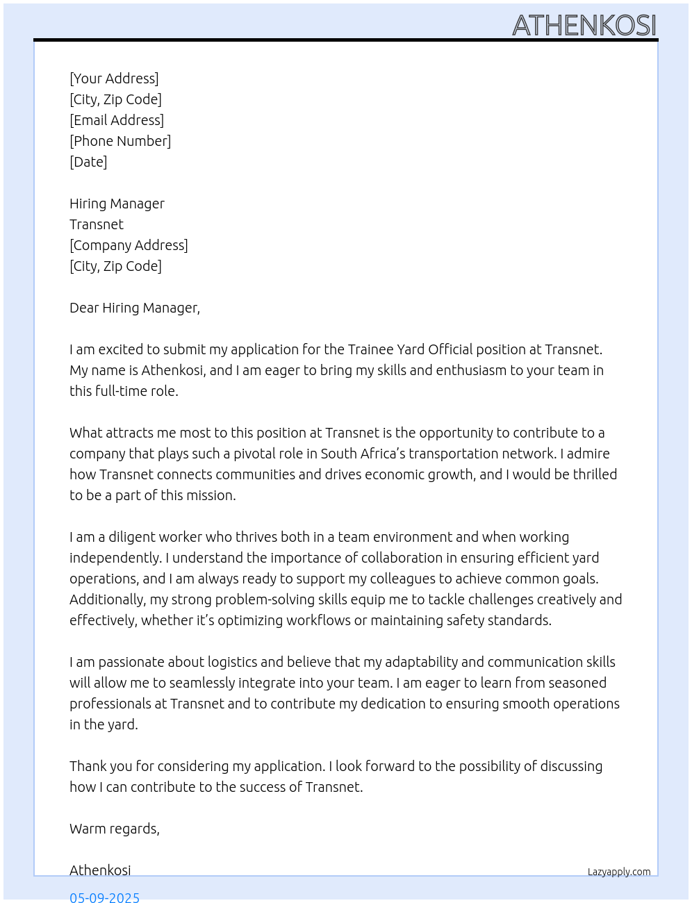 Trainee yard official At Transnet Cover Letter