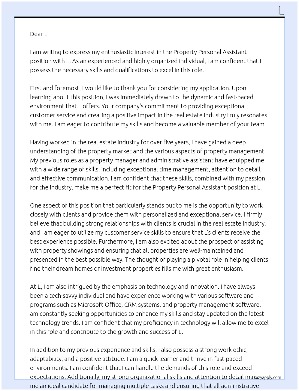 property personal assistant At l Cover Letter