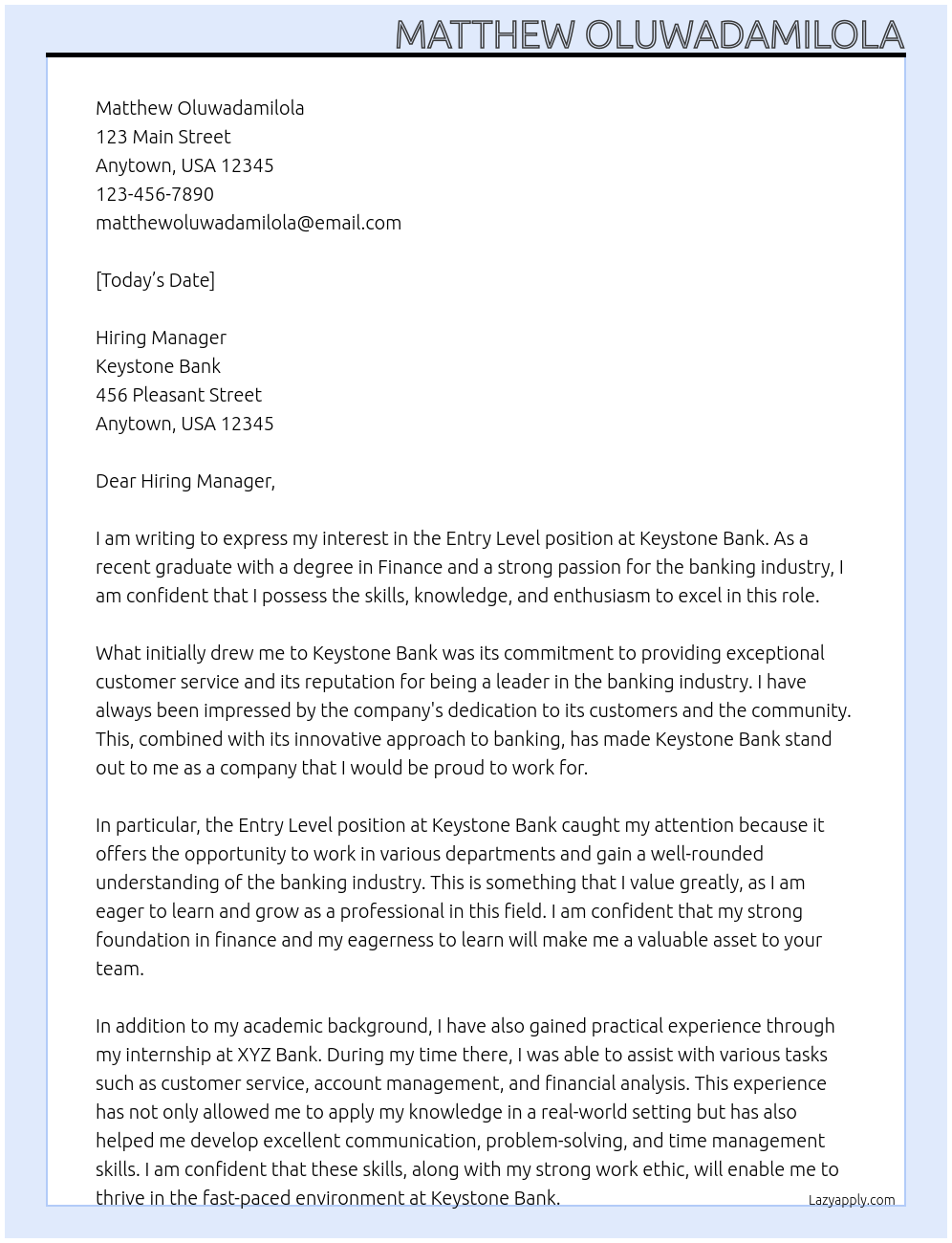 Entry level At Keystone Bank Cover Letter