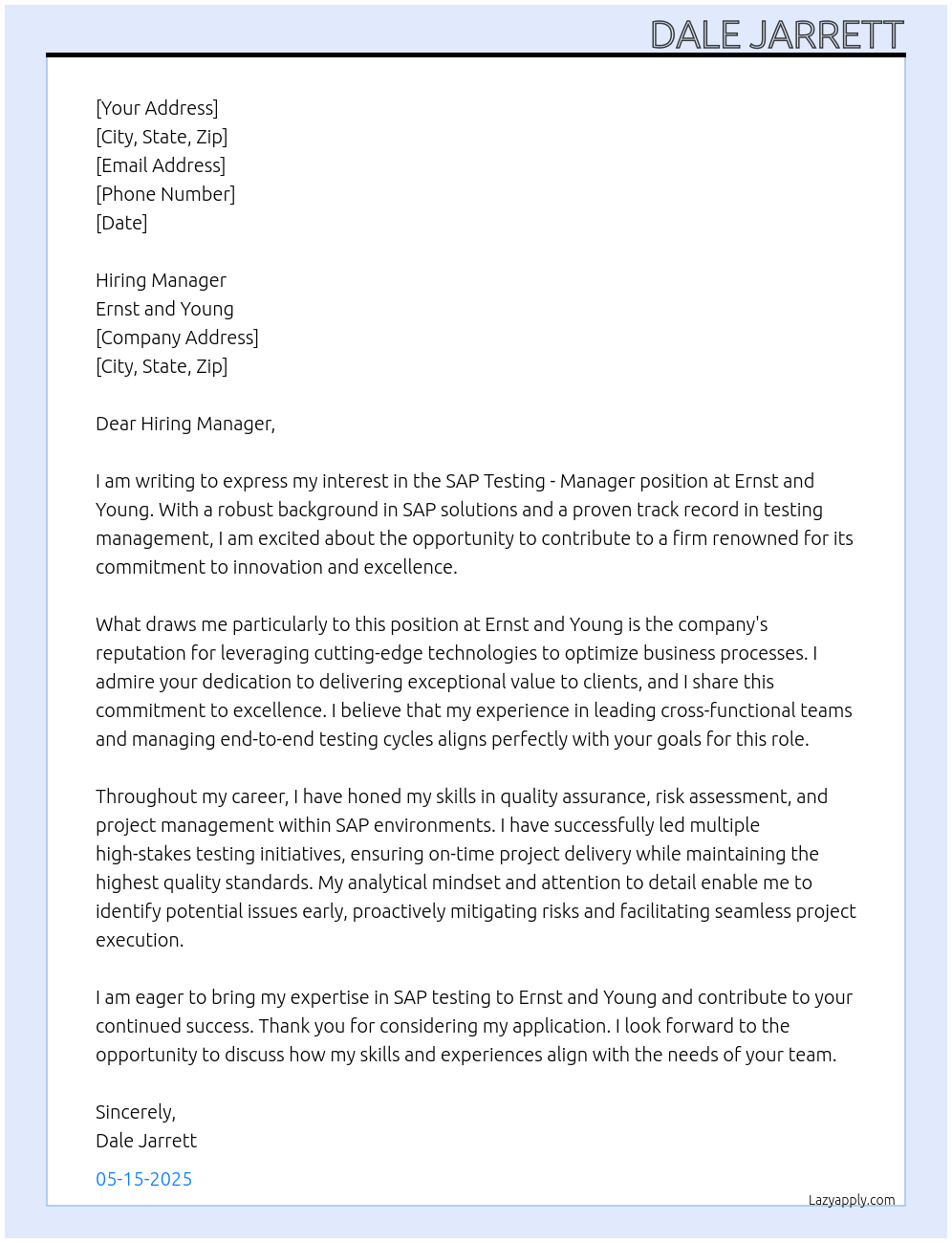SAP Testing - Manager At Ernst and Young Cover Letter