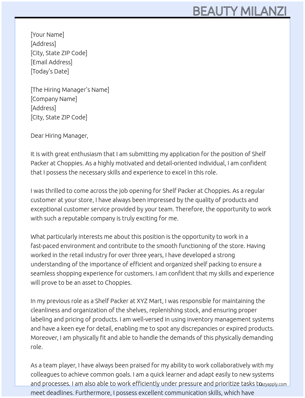 Shelf packer At Choppies Cover Letter