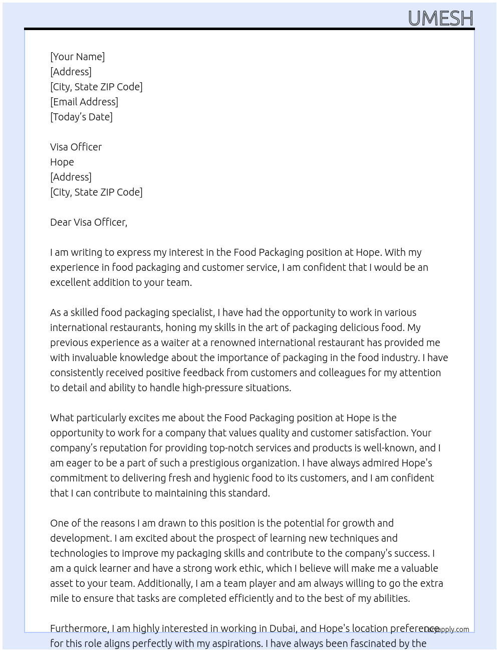 food packaging At Hope Cover Letter