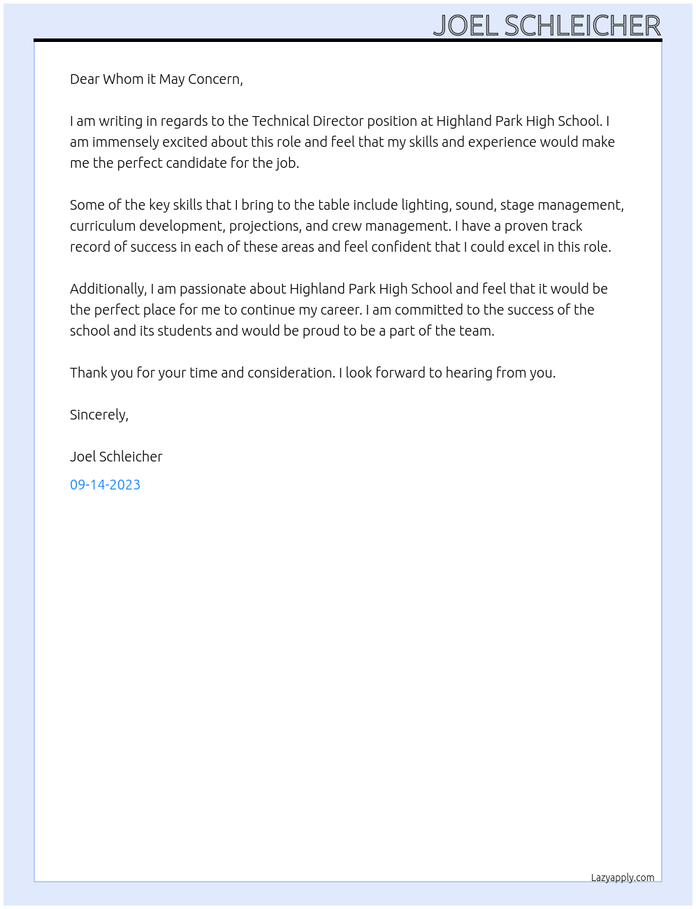 Technical Director At Highland Park High School Cover Letter