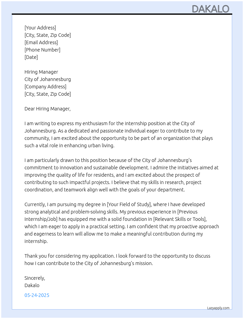 Internship At City of Johannesburg Cover Letter