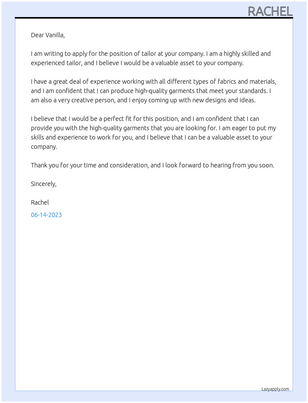 Tailor At Vanilla Cover Letter