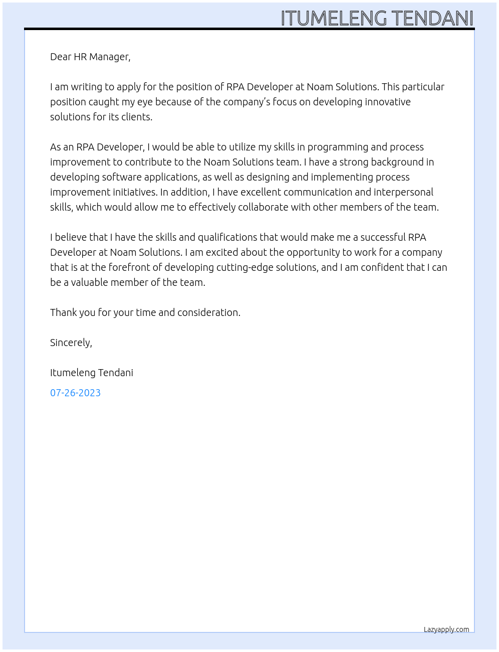RPA Developer At Noam Solutions Cover Letter