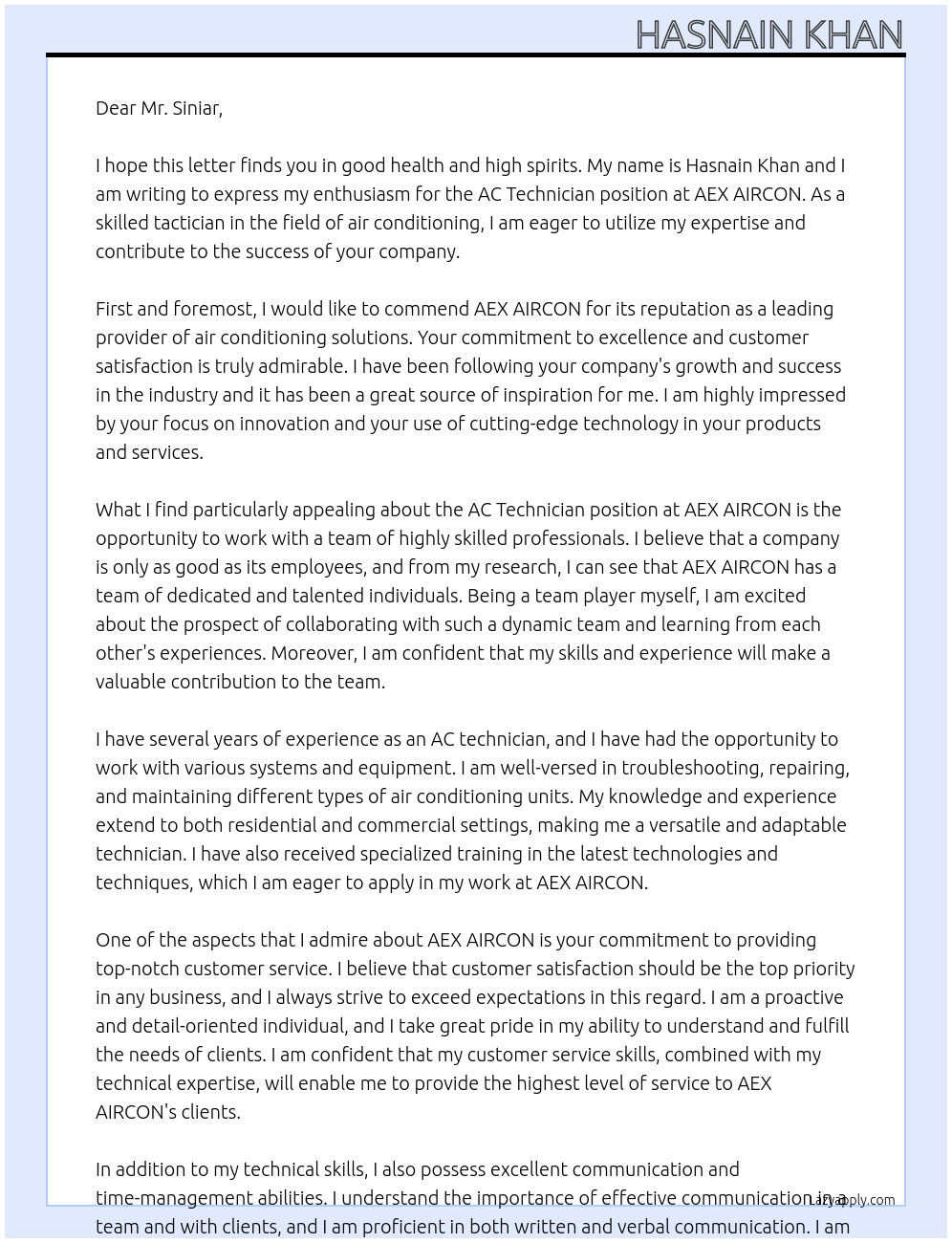 AC Technician At AEX AIRCON Cover Letter