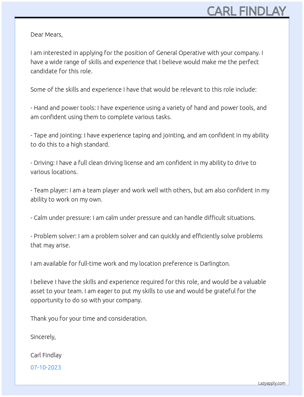 General operative  At Mears Cover Letter