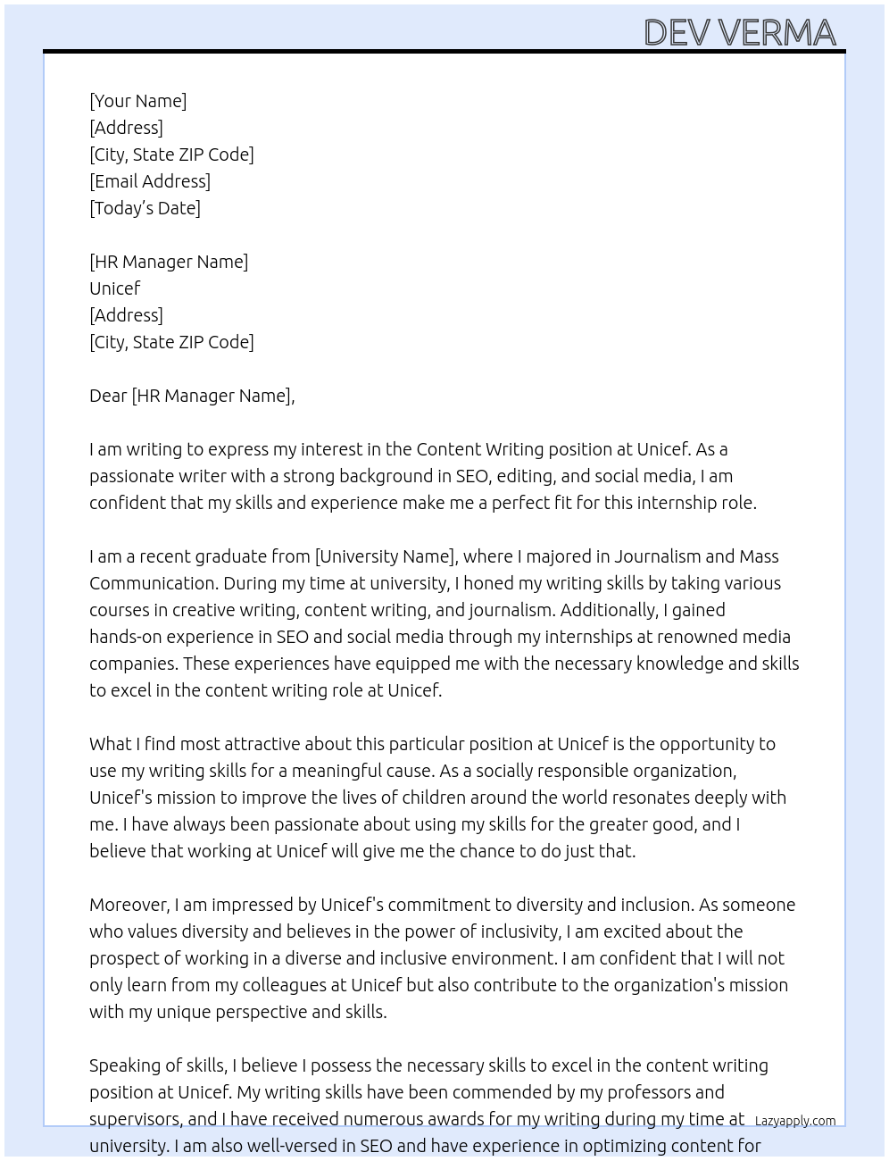 Content Writing At Unicef Cover Letter