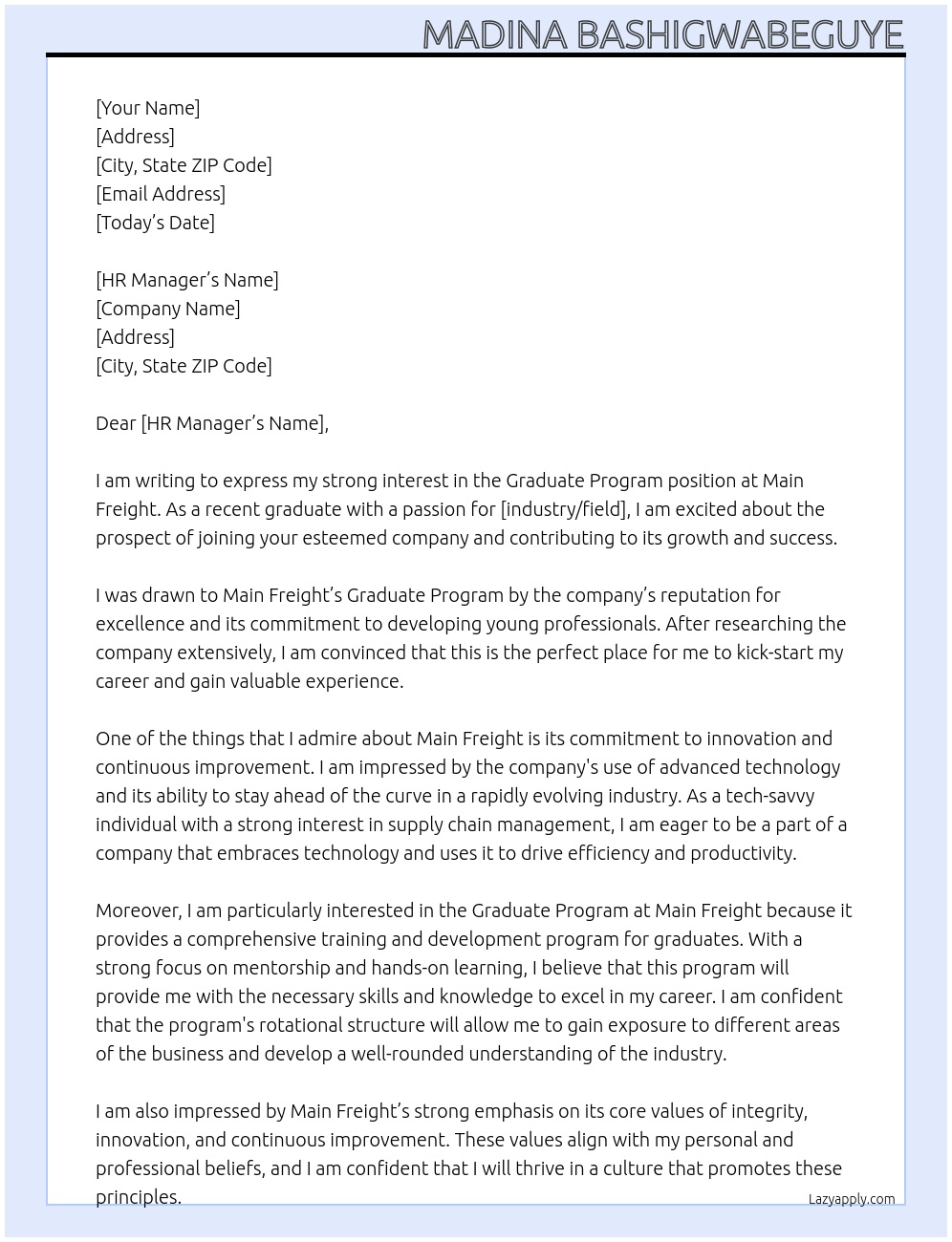 Graduate Program At Main Freight Cover Letter