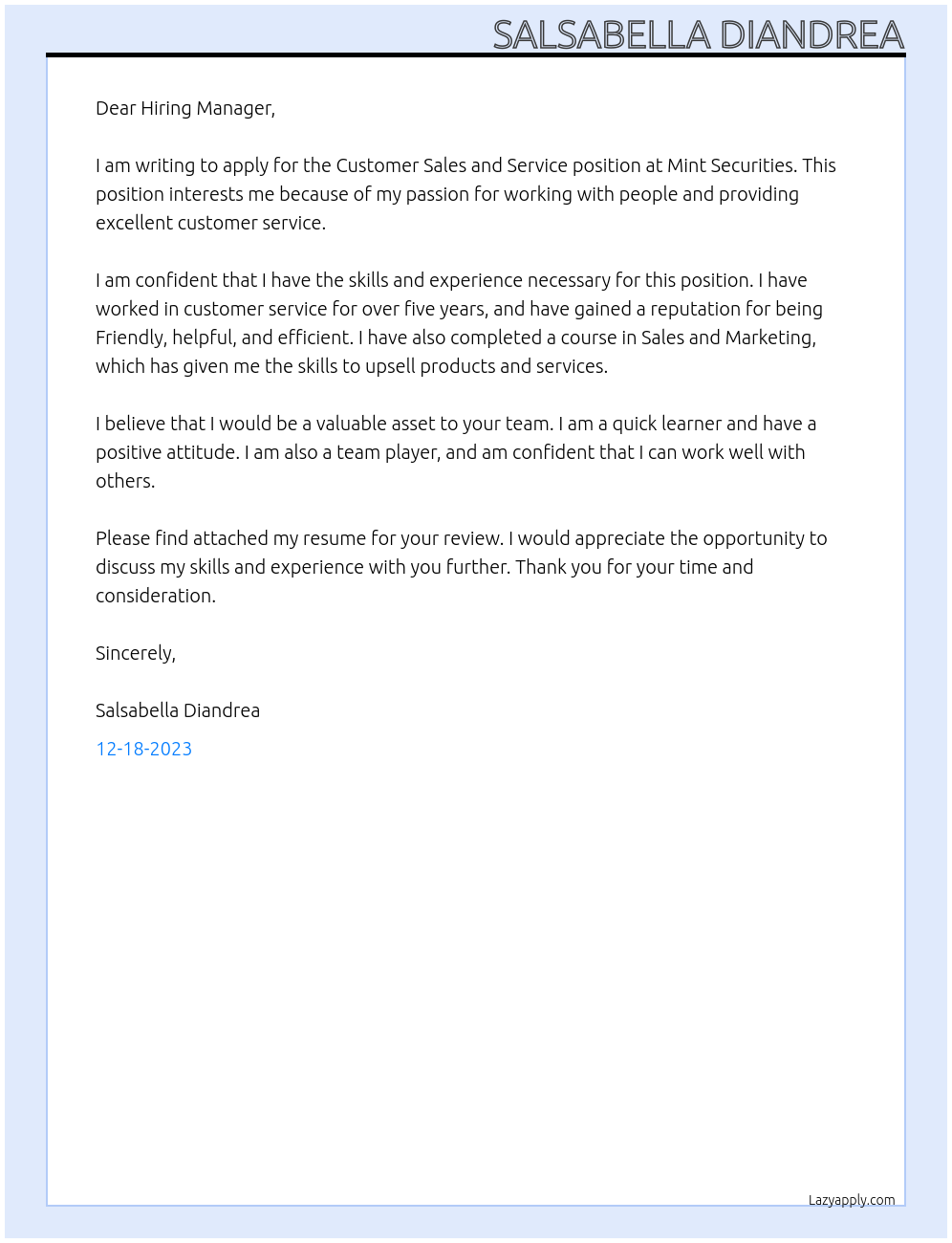 Customer sales and service  At Mint Securities  Cover Letter