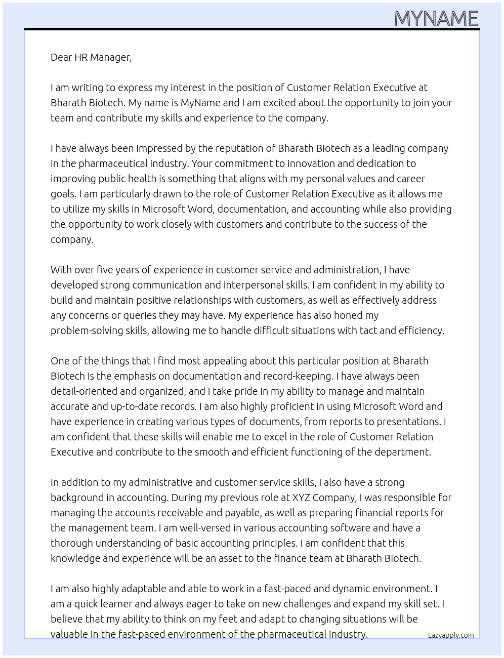 Customer Relation Executive At Bharath Biotech Cover Letter