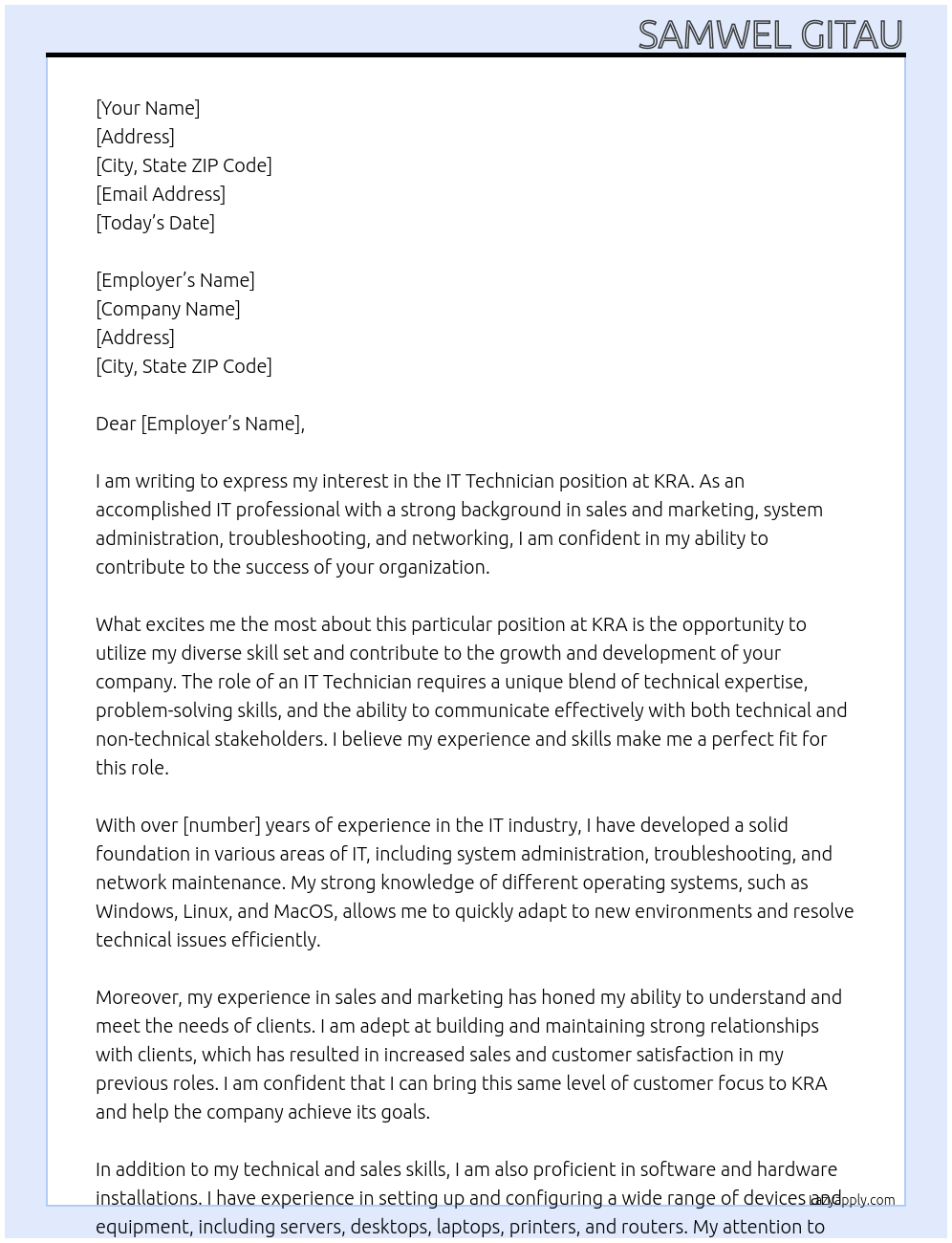 IT Technician At KRA Cover Letter