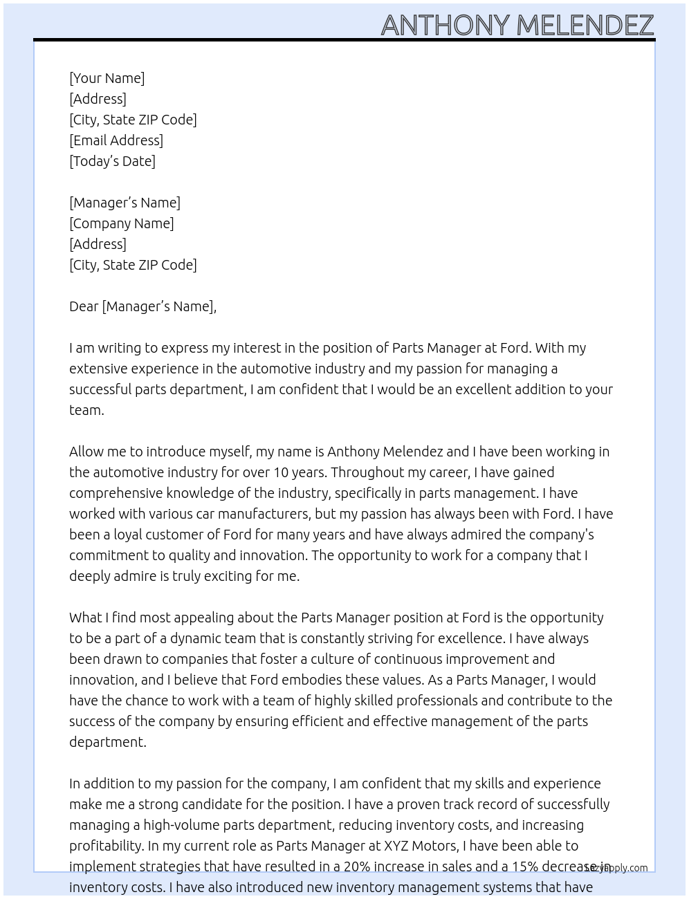 Parts manager  At Ford  Cover Letter