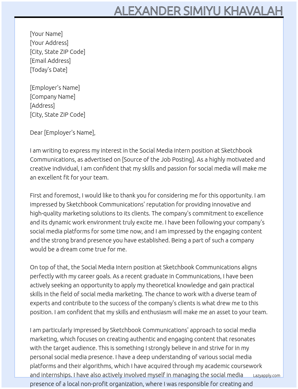 Social media Intern At SKETCHBOOK COMMUNICATIONS Cover Letter