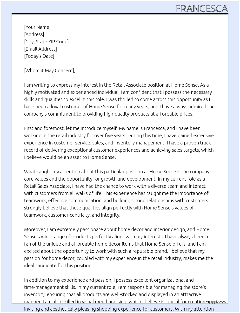 Retail Associate At Home Sense Cover Letter