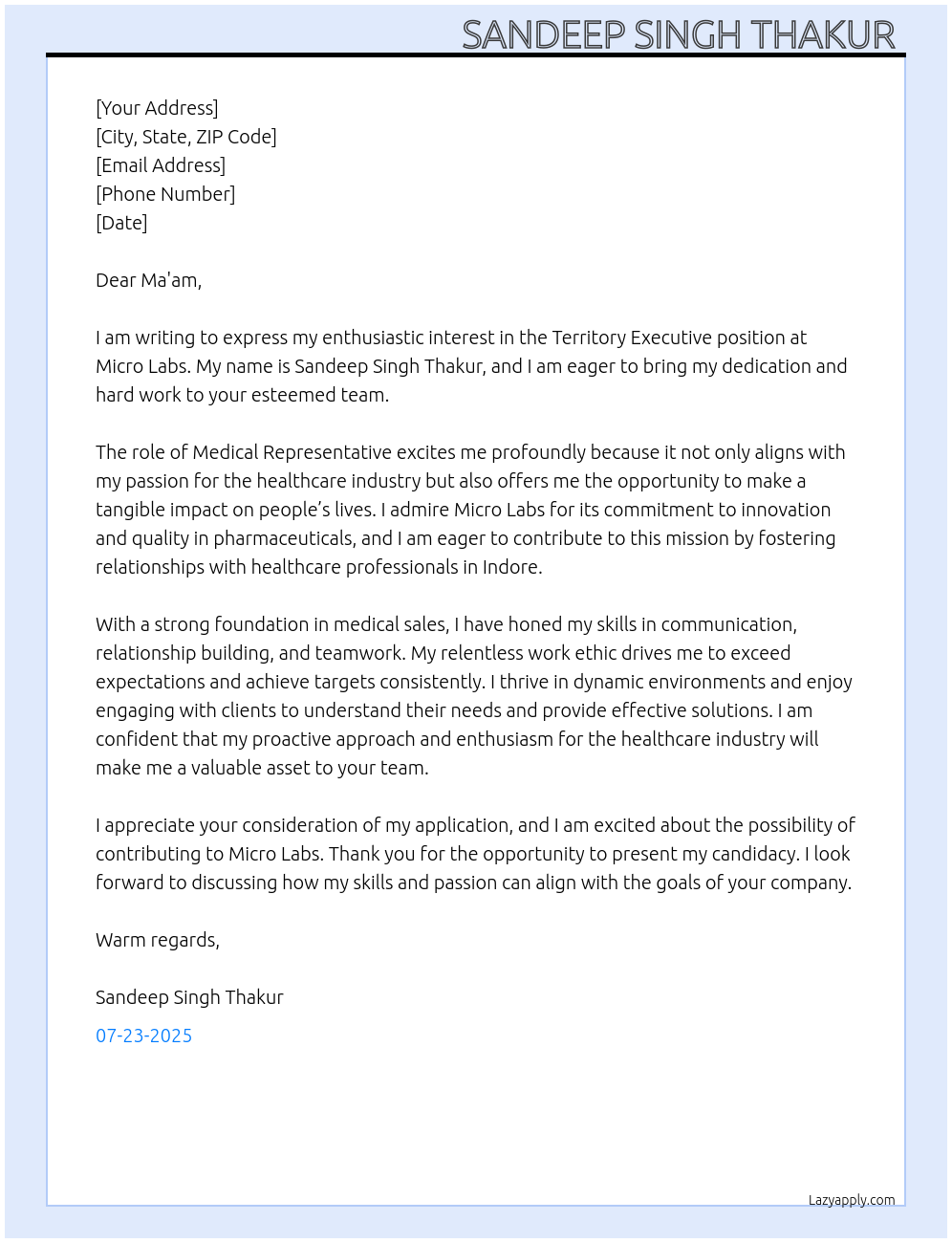 Territory executive  At Micro labs Cover Letter