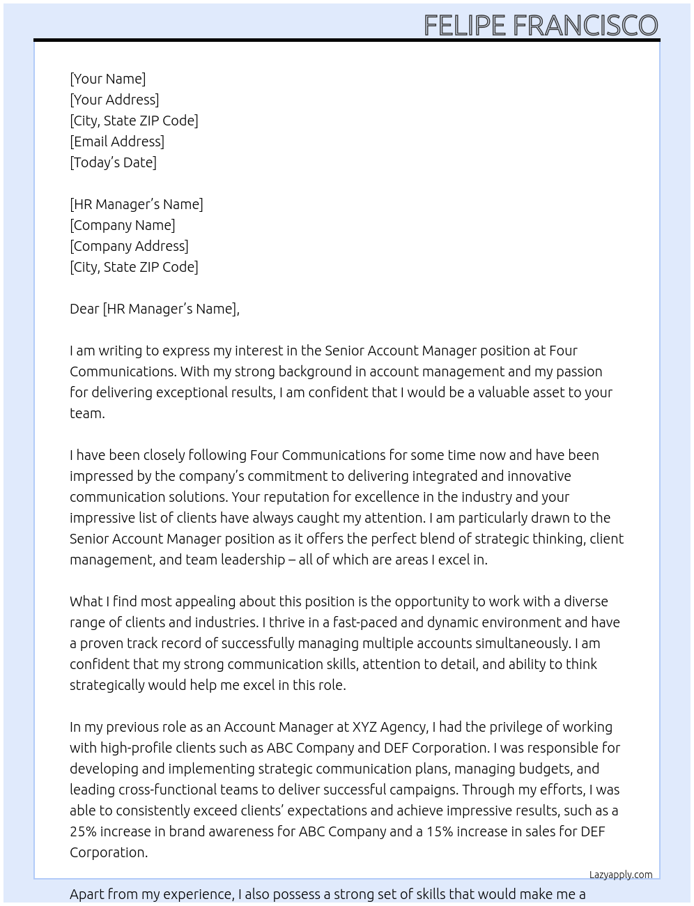 Senior Account Manager At Four Communications Cover Letter