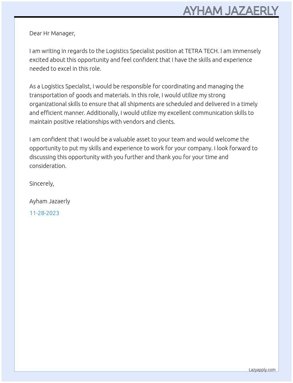 Logistics Specialist At TETRA TECH Cover Letter