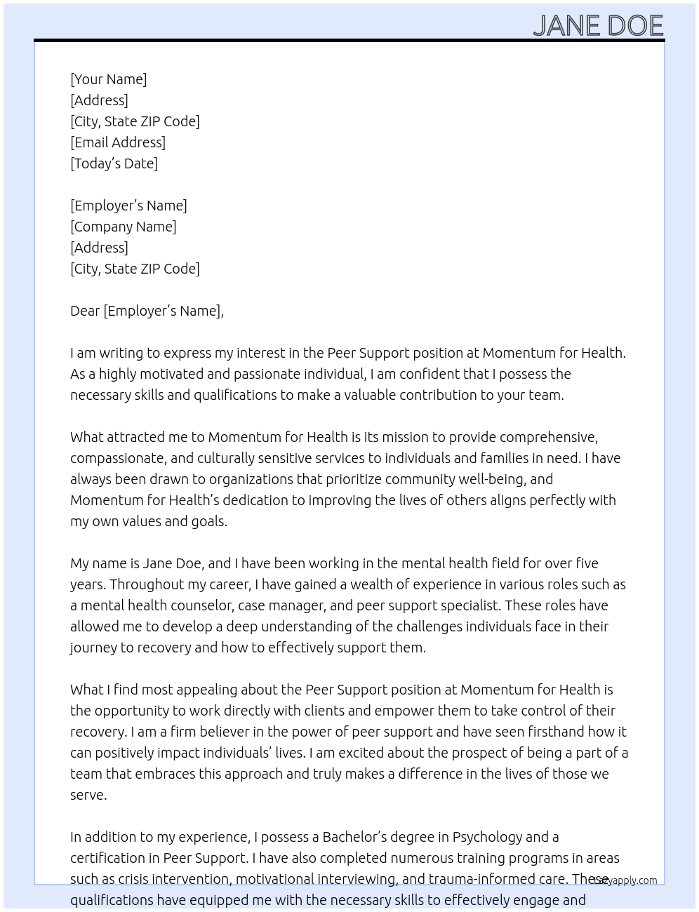 Peer Support  At Momentum for Health Cover Letter