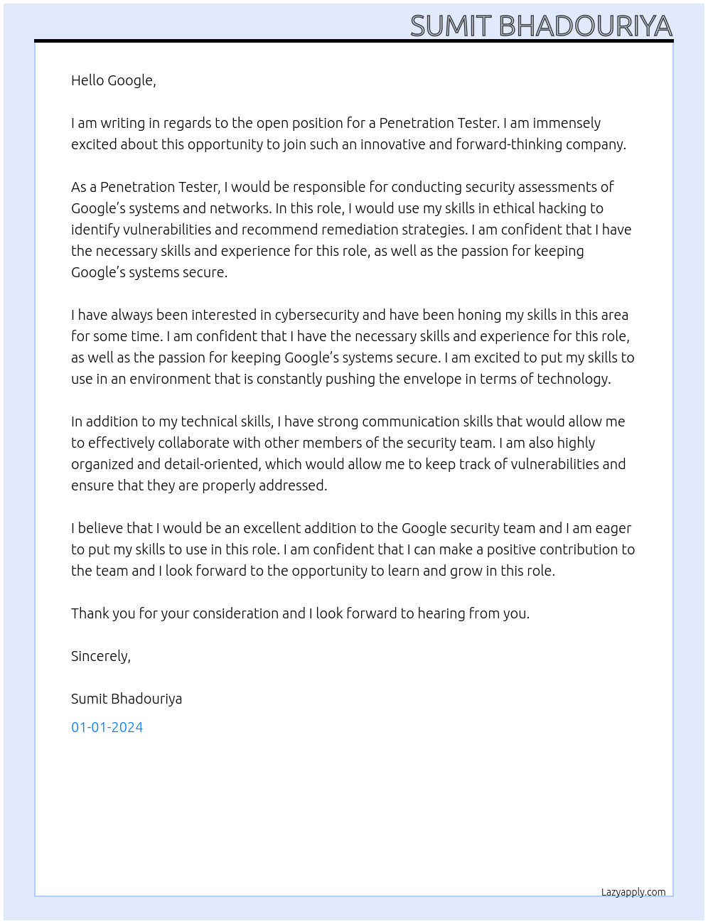 penetration tester At google Cover Letter