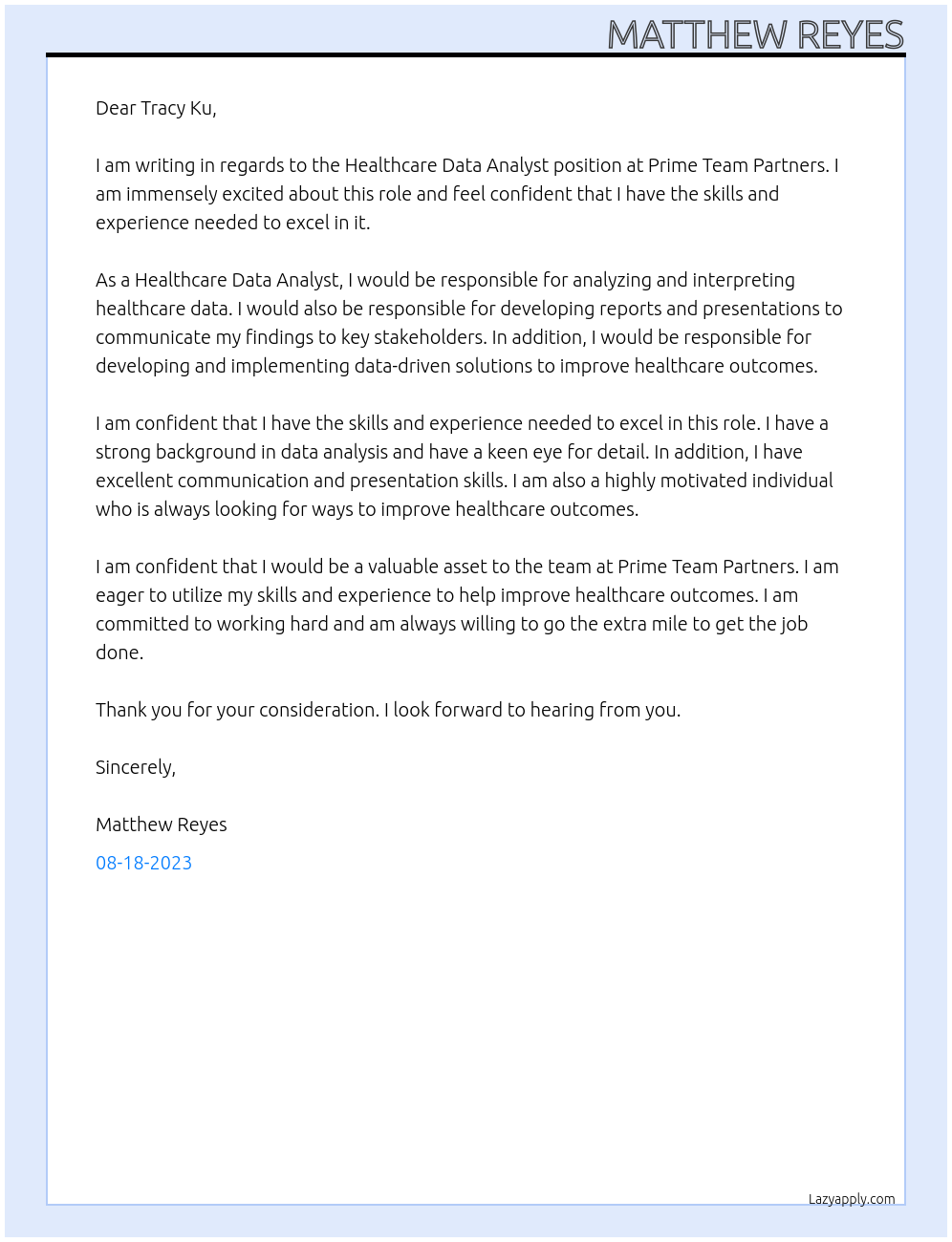 Healthcare Data Analyst At Prime Team Partners Cover Letter