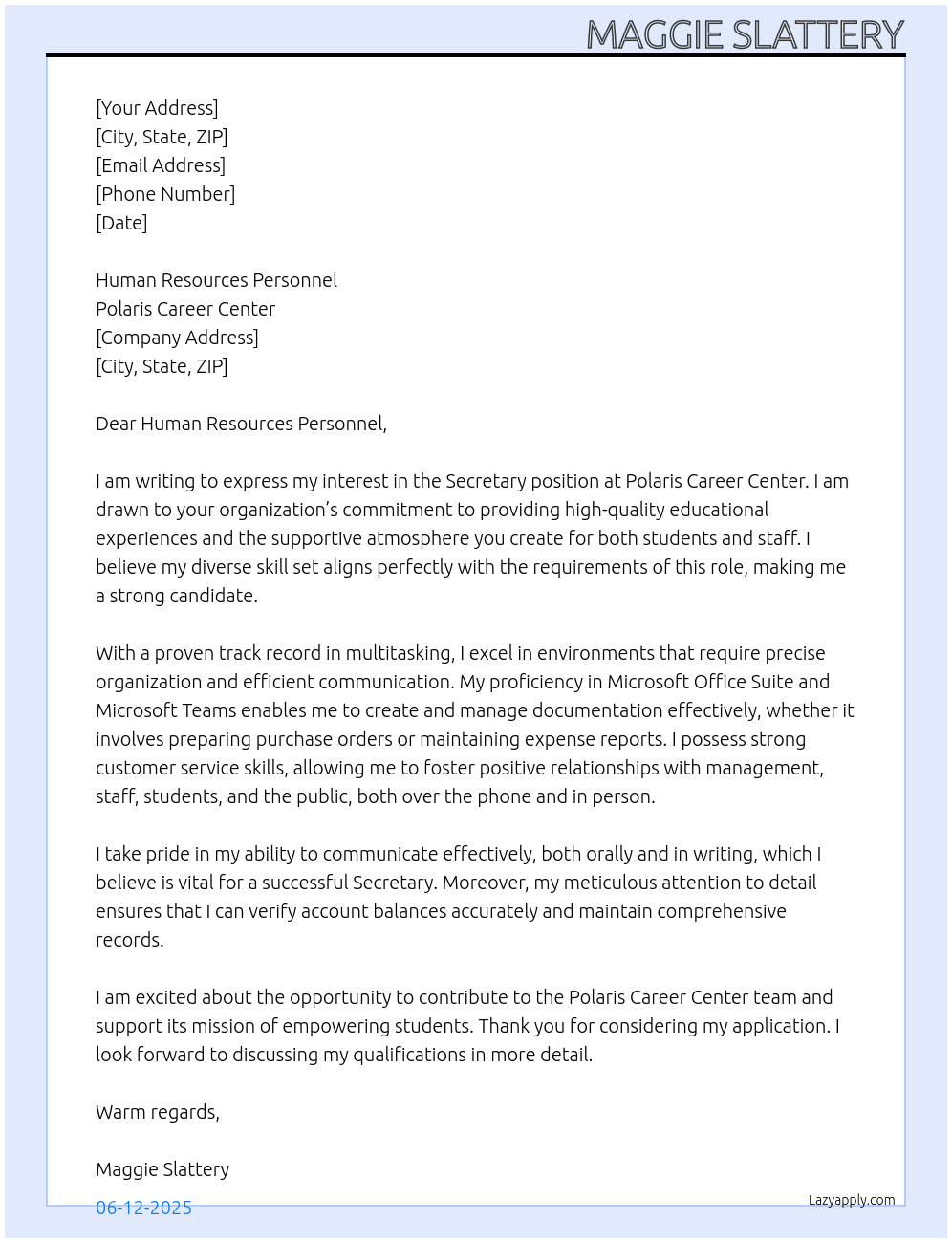 Secretary At Polaris Career Center Cover Letter