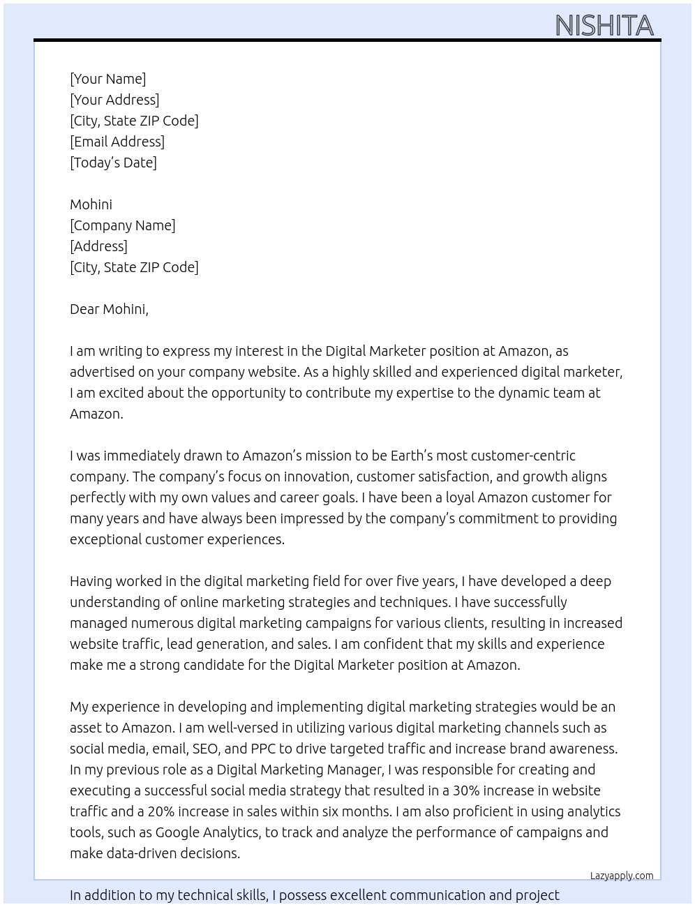 Digital Marketer At Amazon Cover Letter