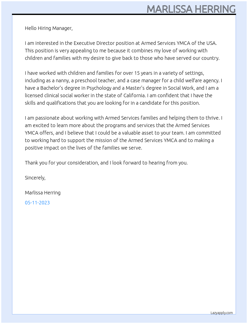 Executive Director At Armed Services YMCA of the USA Cover Letter