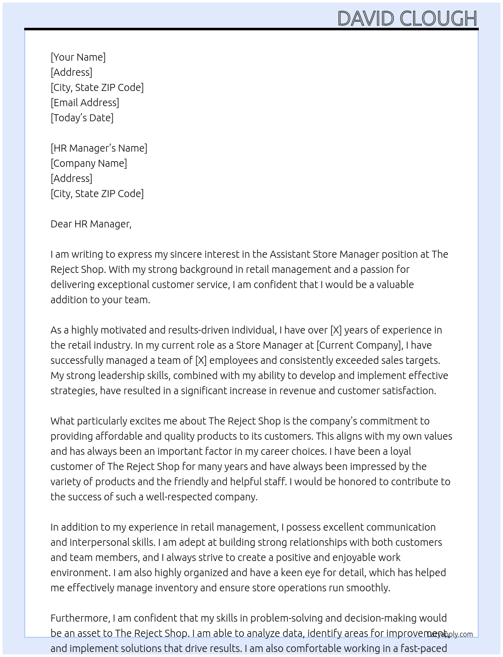 Assistant Store Manager At The Reject Shop Cover Letter