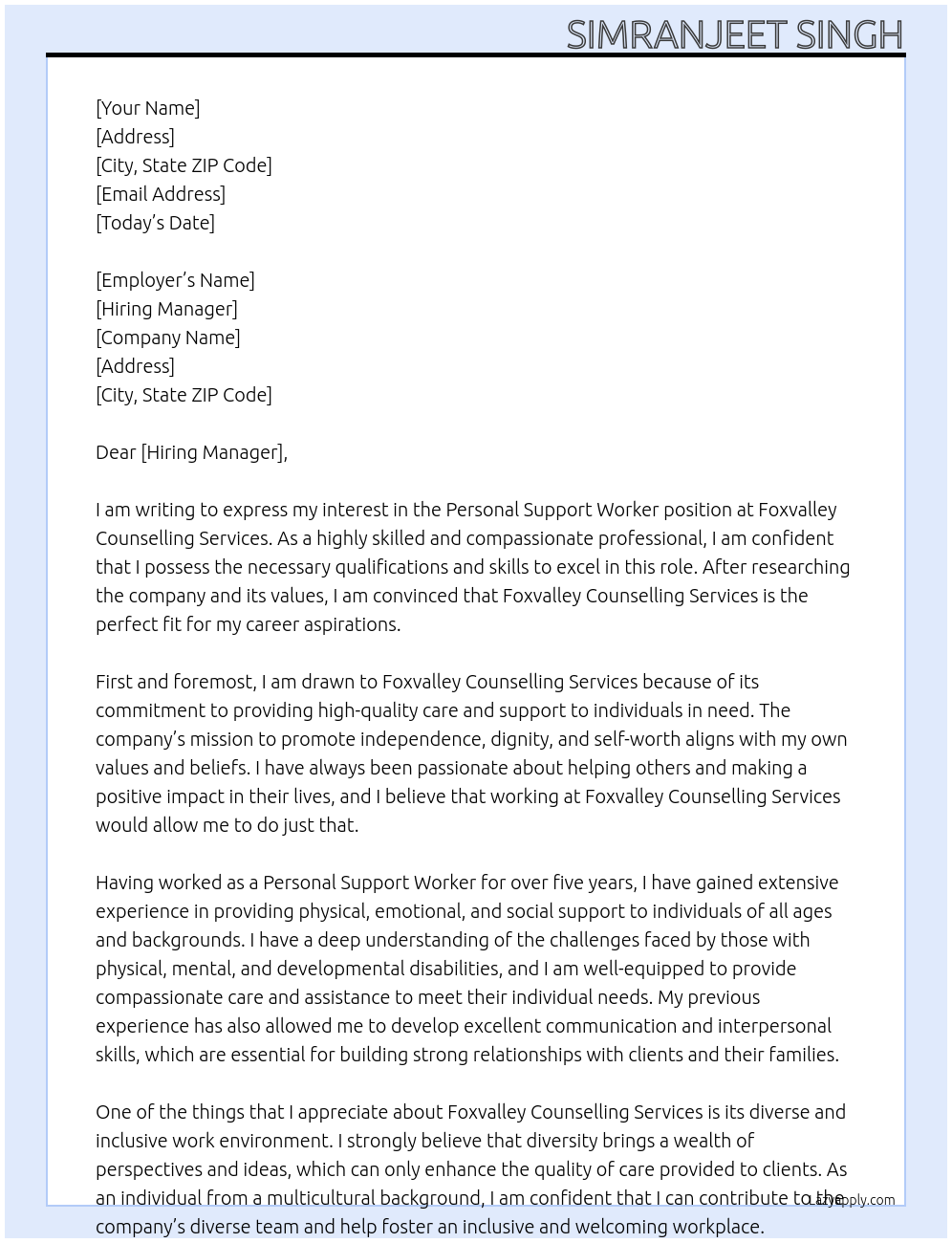 Personal support worker At Foxvalley Counselling services Cover Letter