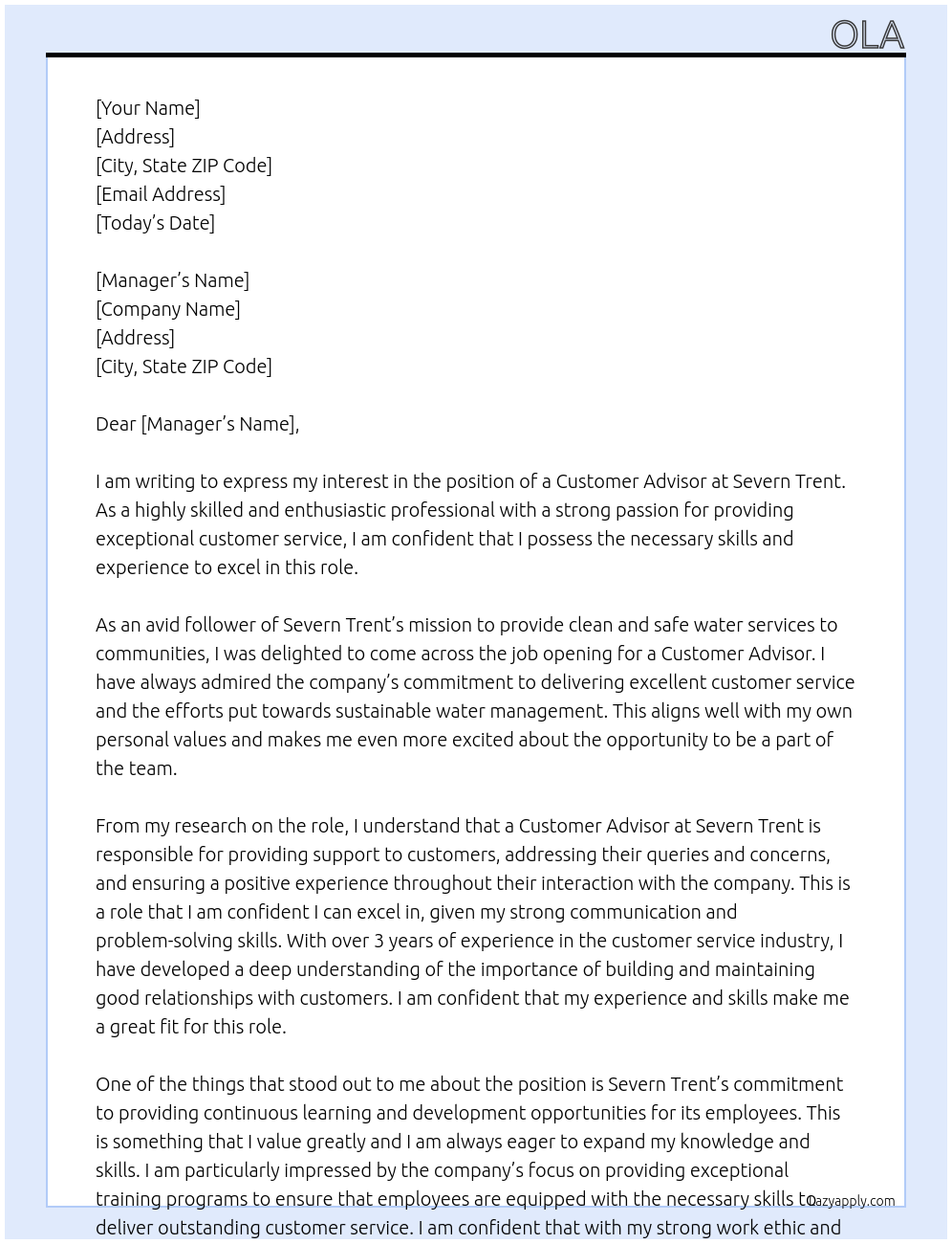 customer advisor At sevren trent Cover Letter