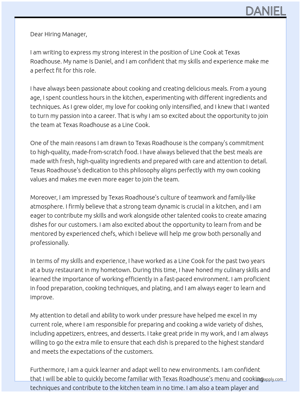 Line Cook At Texas Roadhouse Cover Letter