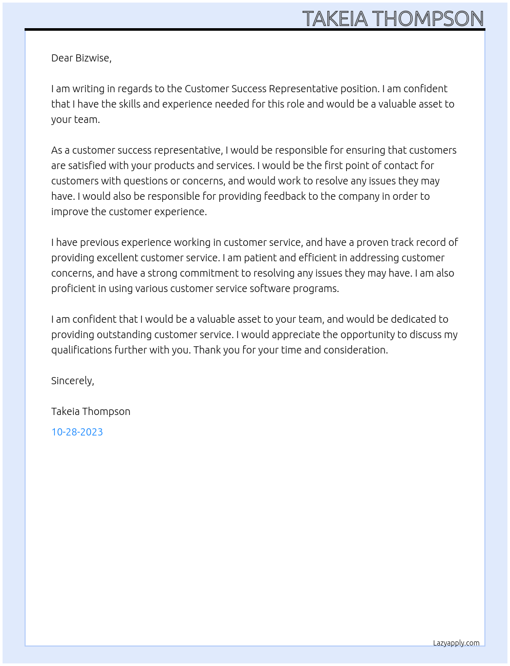 Customer Success Representative At Bizwise Cover Letter