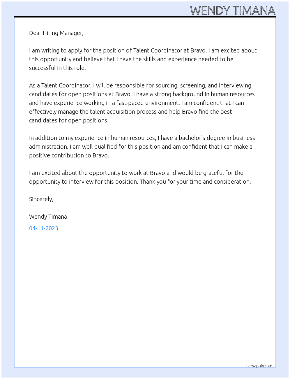 talent coordinator At Bravo Cover Letter