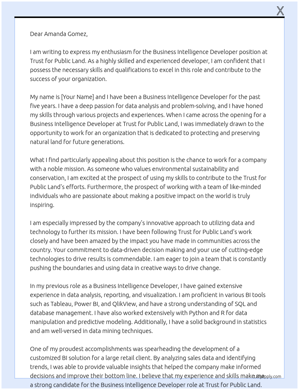 Business Intelligence Developer At Trust for Public Land Cover Letter