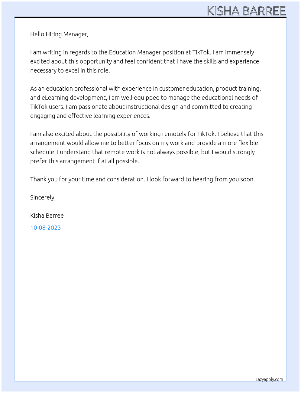 Education Manager At TikTok Cover Letter