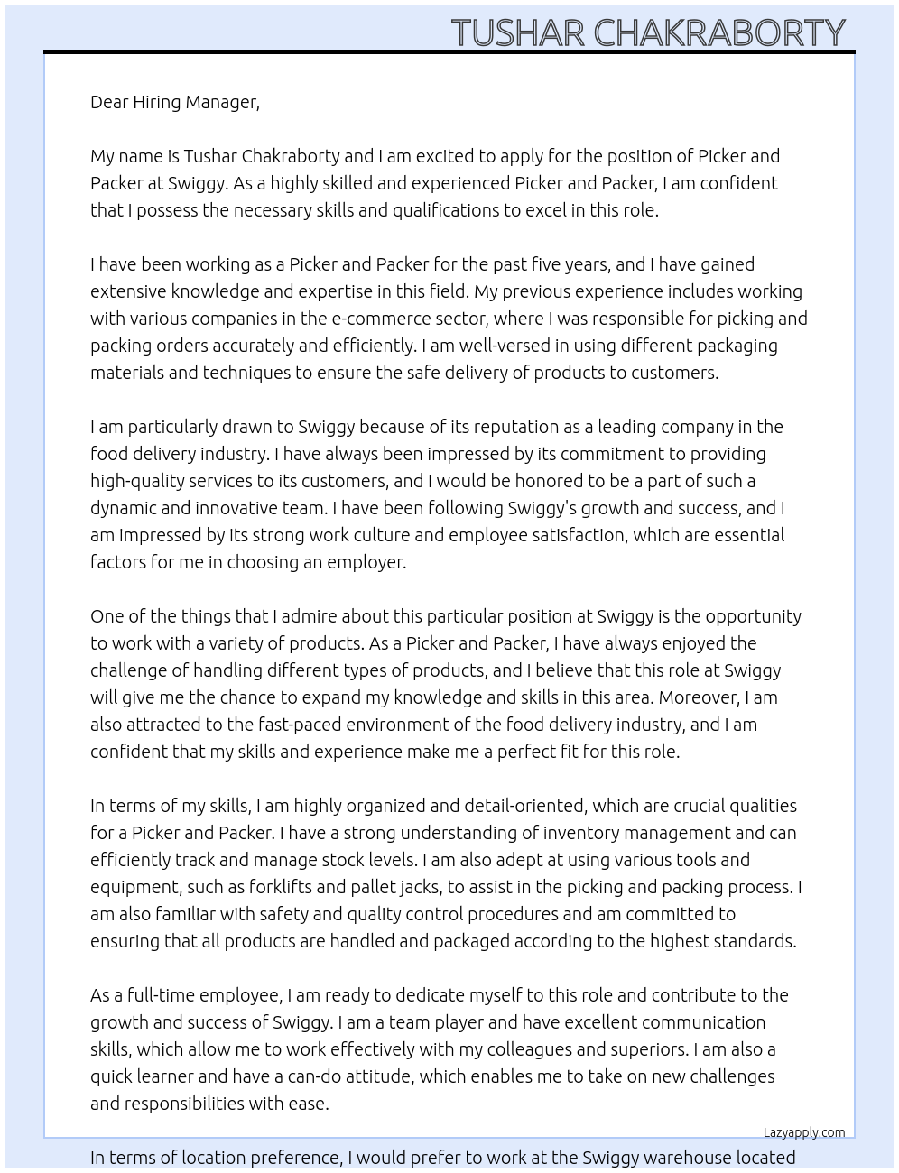 Picker and packer  At Swiggy  Cover Letter