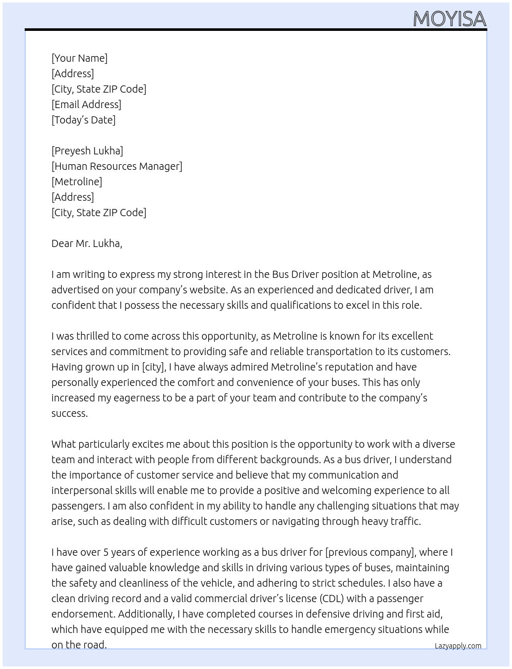 Bus driver At Metroline Cover Letter