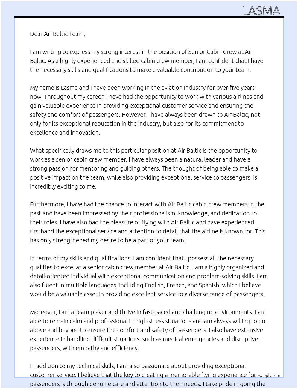 senior cabin crew At air baltic Cover Letter