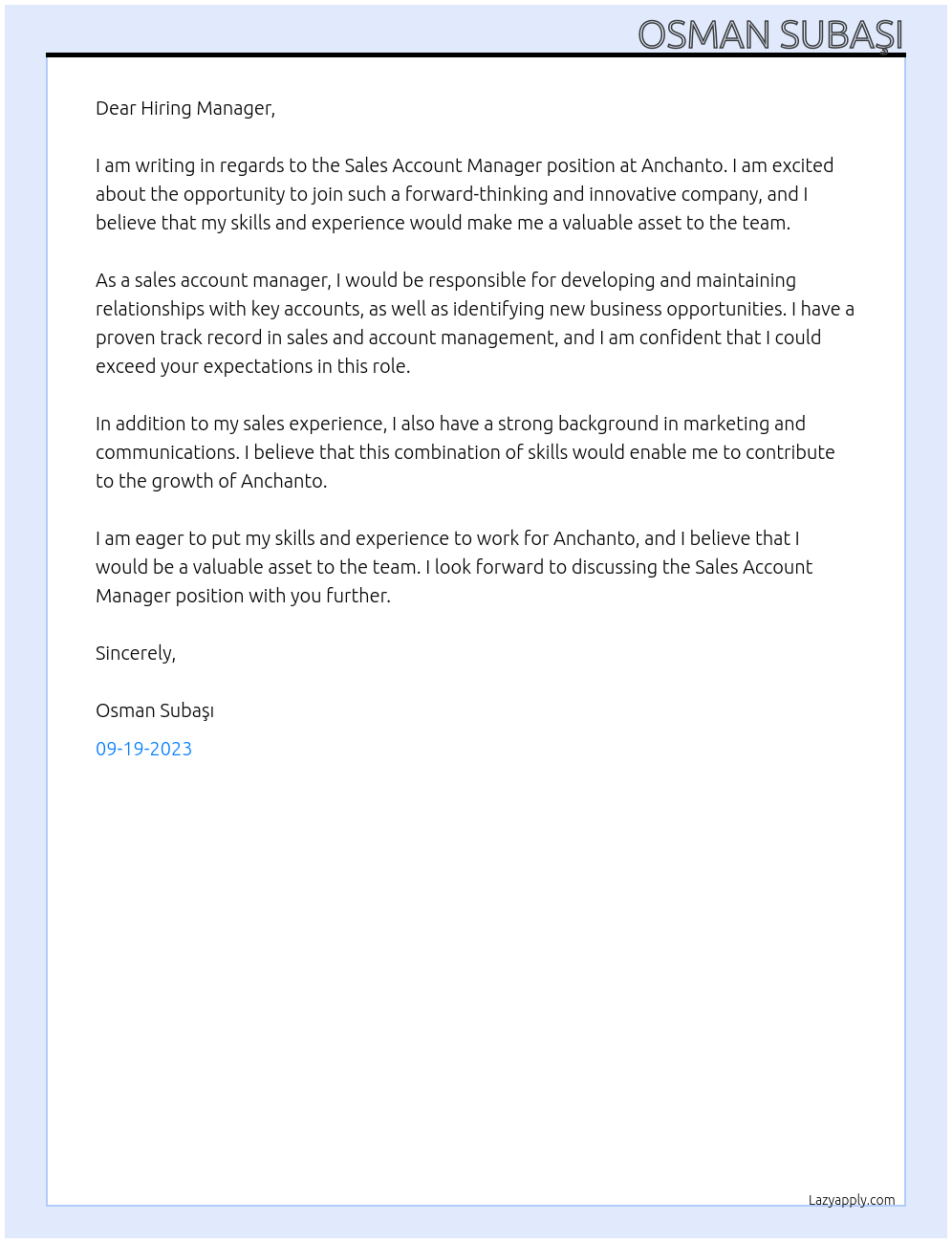 Sales Account Manager At Anchanto Cover Letter