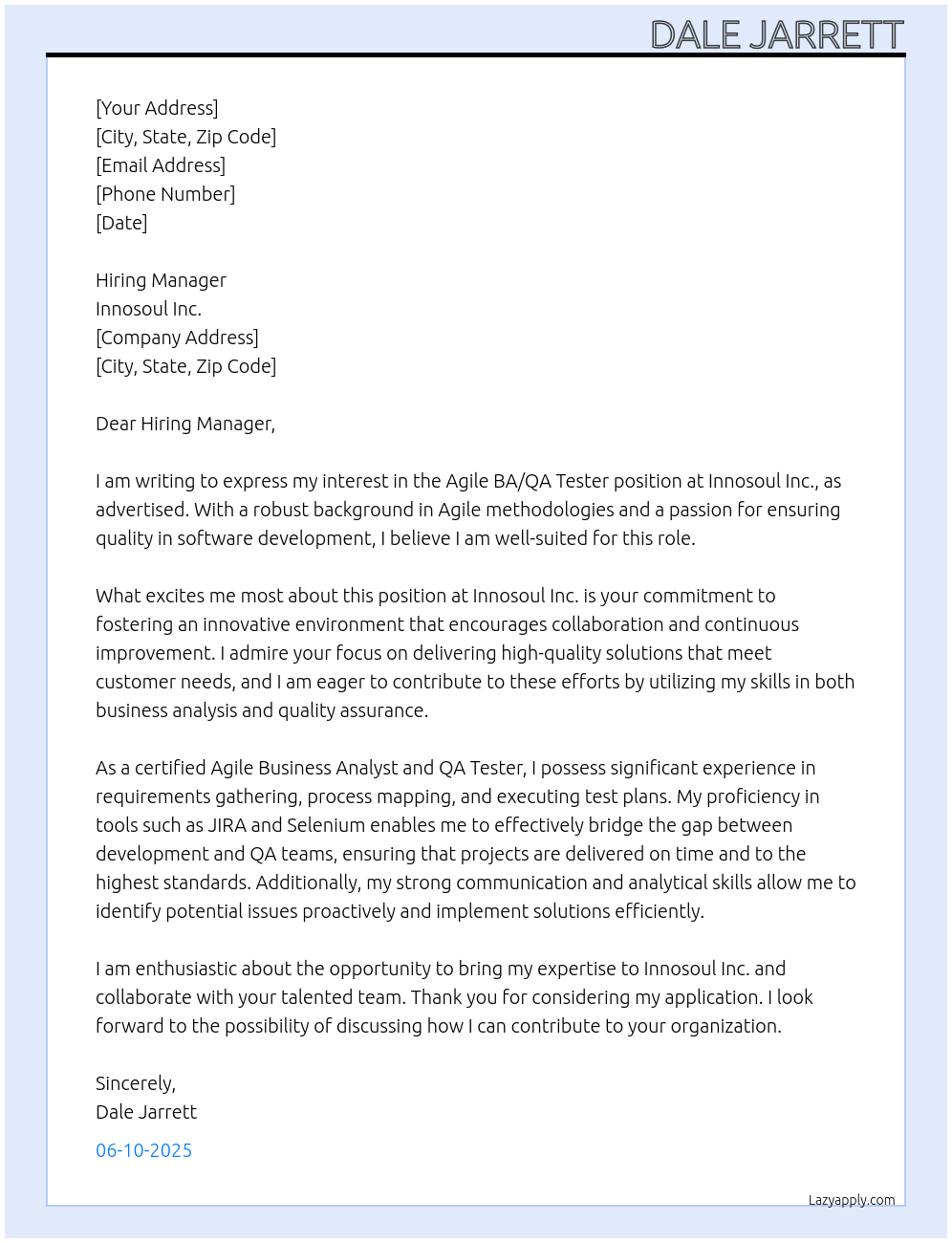 Cover letter for agile ba/qa tester - LazyApply