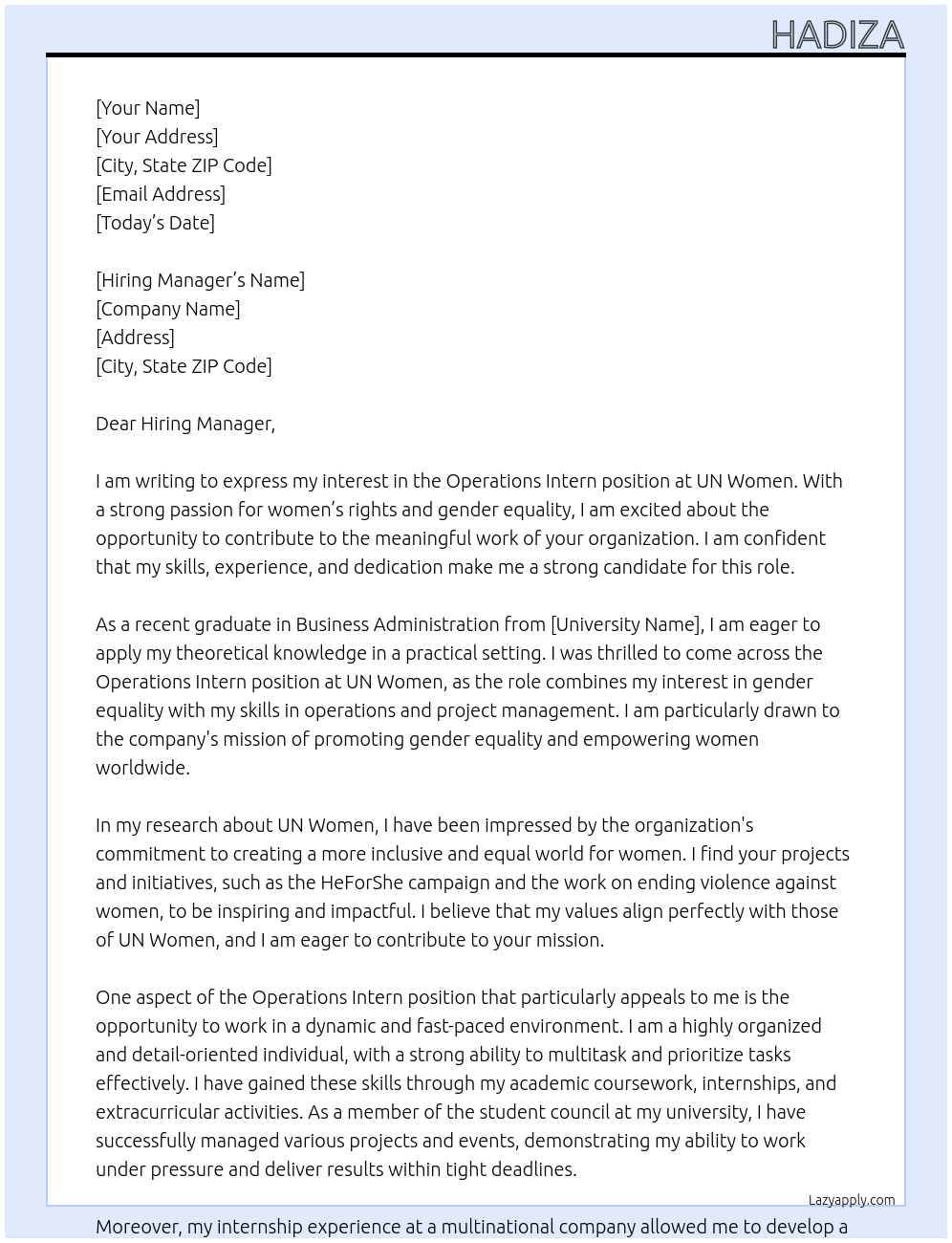 Operations Intern At UN Women  Cover Letter