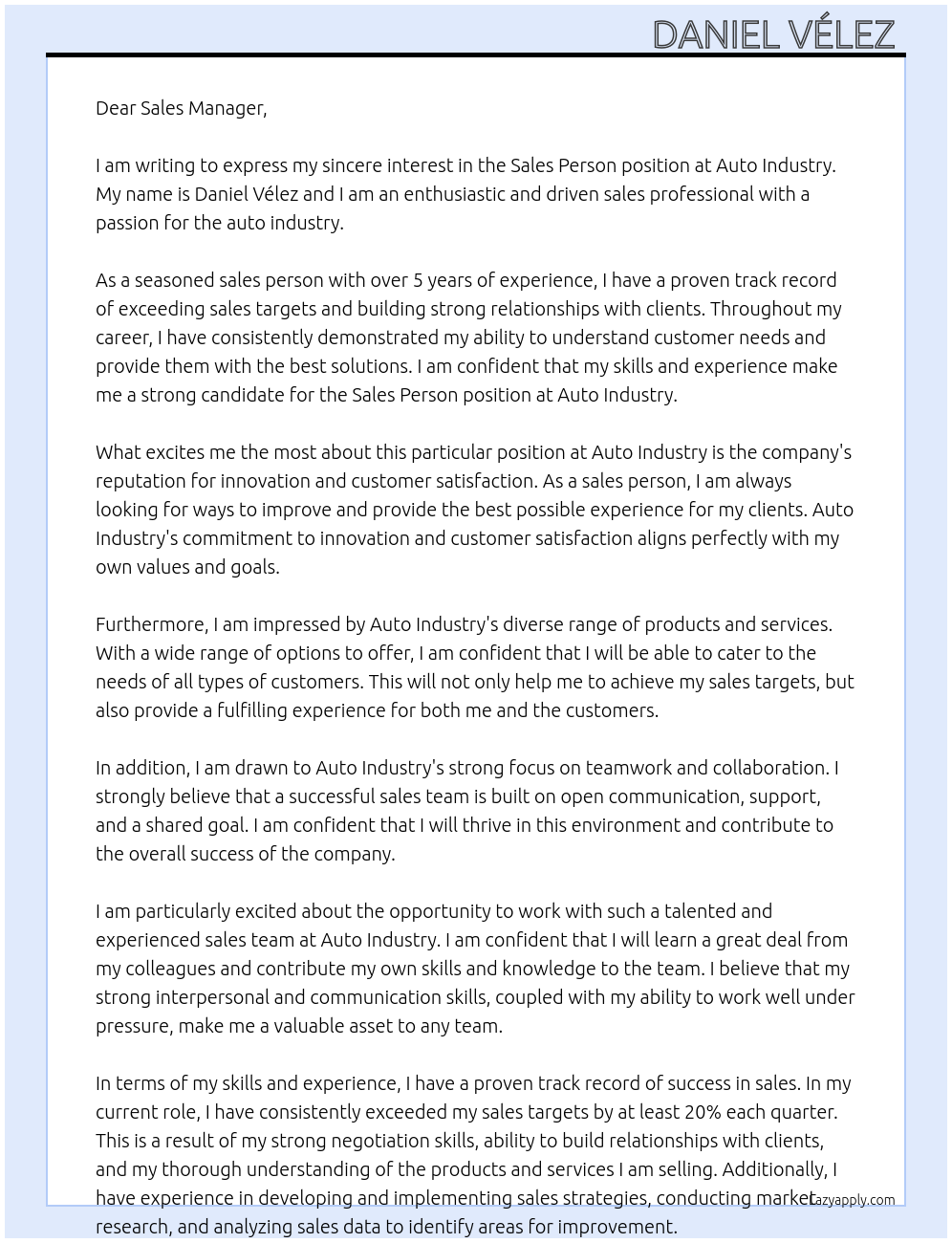 Sales person At Auto industry Cover Letter