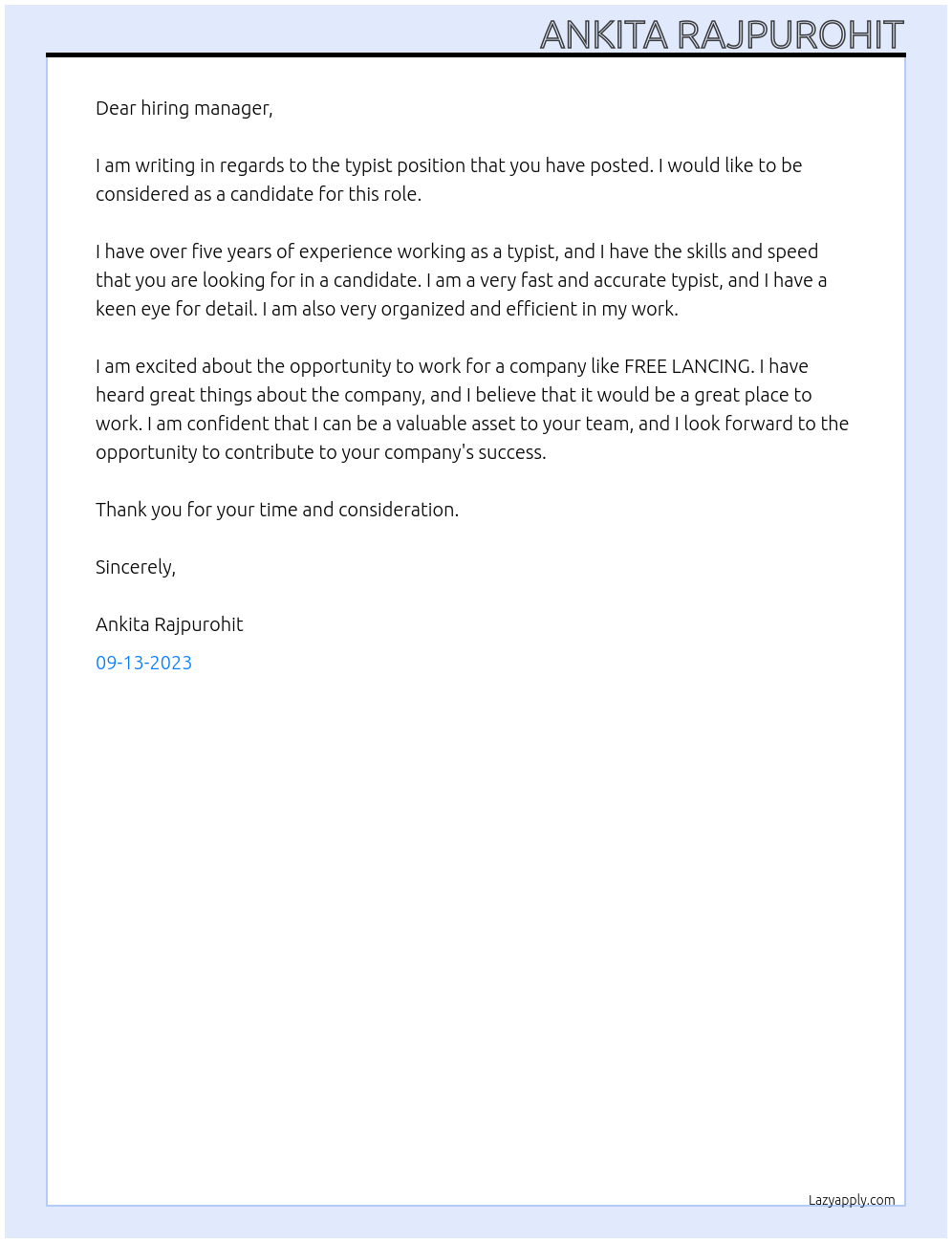 typist At FREE LANCING Cover Letter