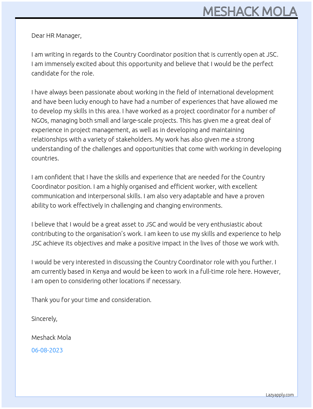 Country Coordinator At JSC Cover Letter