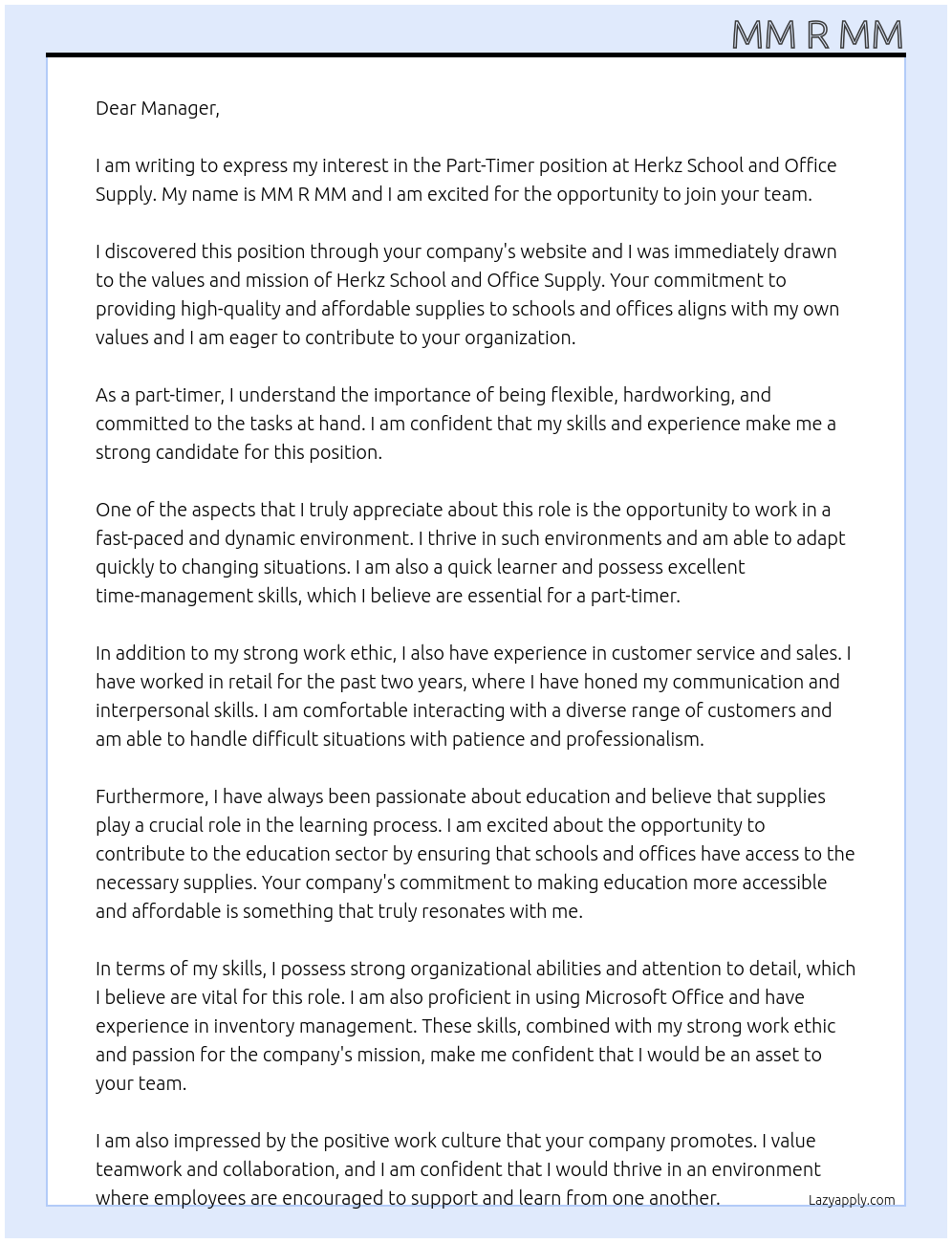 part-timer At herkz school and office supply Cover Letter