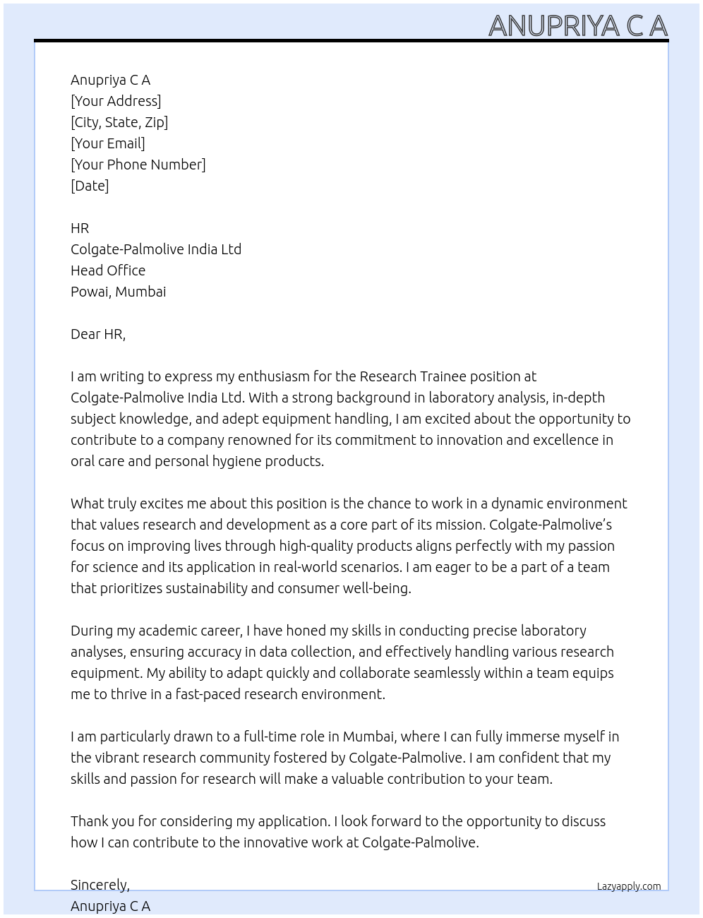 Research trainee At Colgate palmolive company Cover Letter