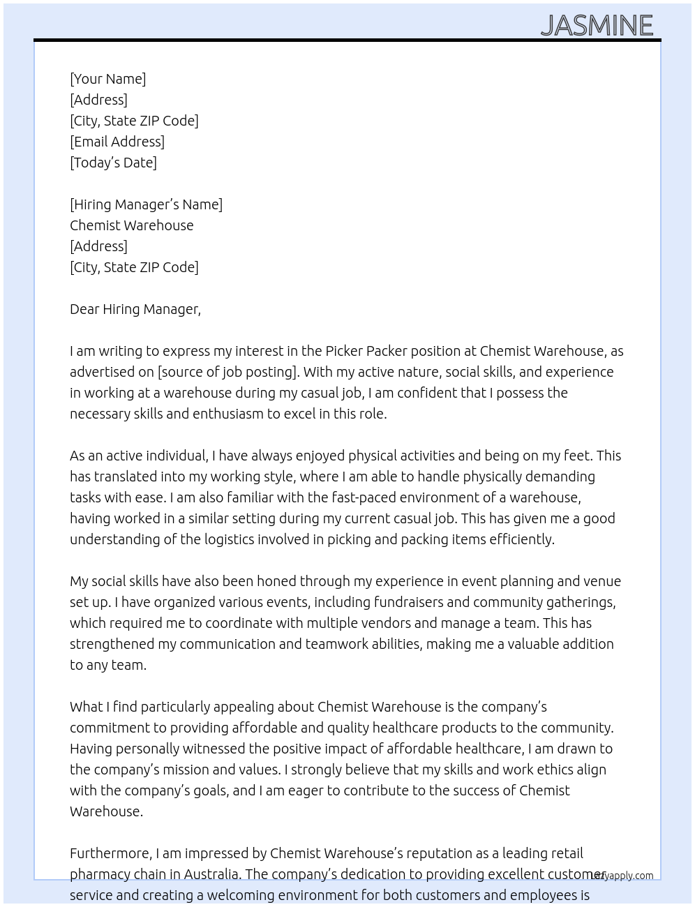 Picker packer At Chemist warehouse Cover Letter